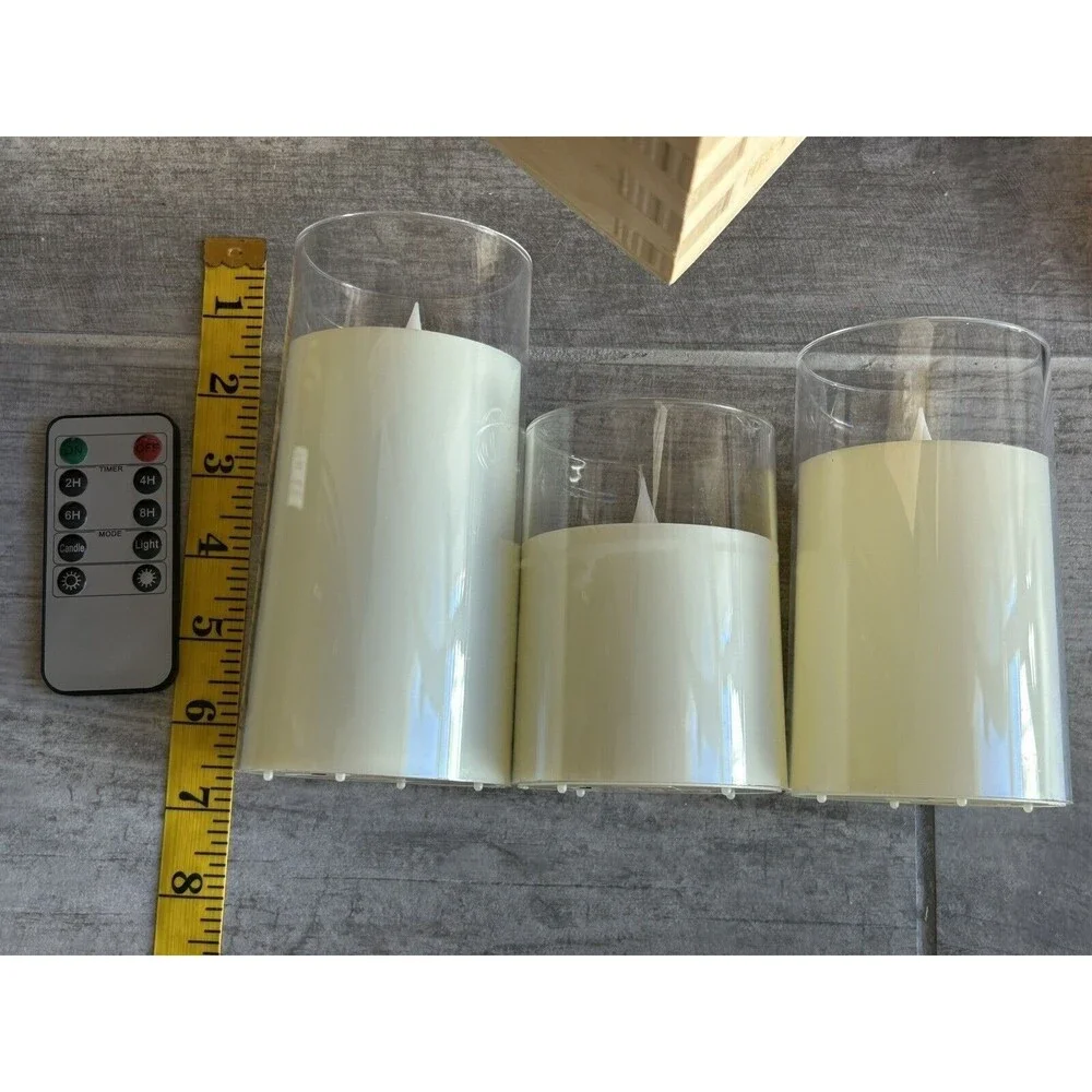 Set of 3 Acrylic Battery LED Flameless Flicker Candles Remote Timer Ivory Pillar